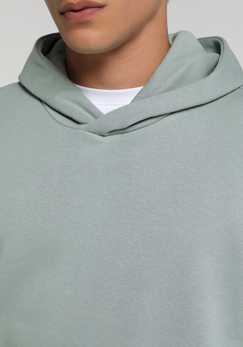Relaxed Fit Kapüşonlu Düz Erkek Yeşil Sweatshirt