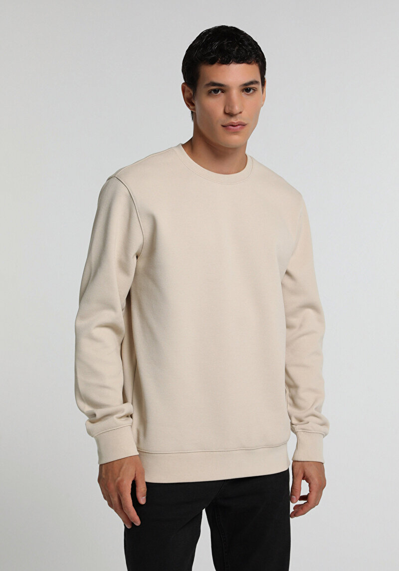 Regular Fit Yuvarlak Yaka Düz Erkek Taş Sweatshirt