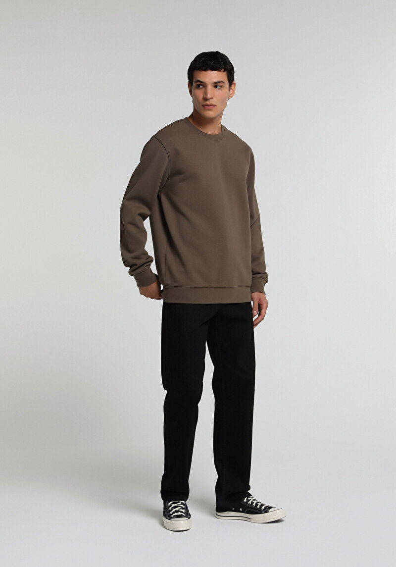 Regular Fit Yuvarlak Yaka Düz Erkek Kahverengi Sweatshirt