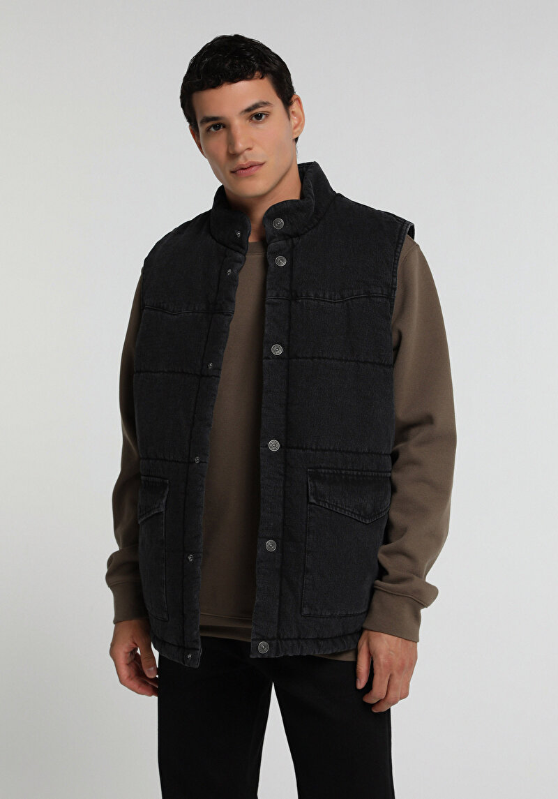 Regular Fit Dik Yaka Çıtçıtlı Astarlı  Erkek Black Denim Yelek