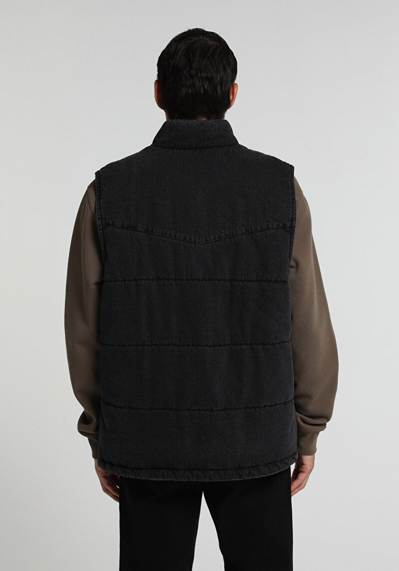 Regular Fit Dik Yaka Çıtçıtlı Astarlı  Erkek Black Denim Yelek