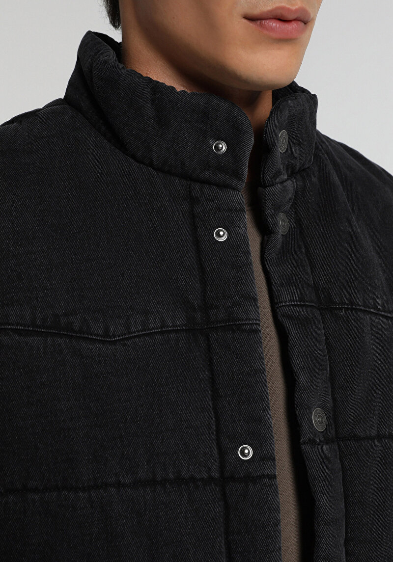 Regular Fit Dik Yaka Çıtçıtlı Astarlı Erkek Black Denim Yelek