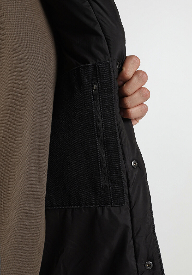 Regular Fit Dik Yaka Çıtçıtlı Astarlı  Erkek Black Denim Yelek
