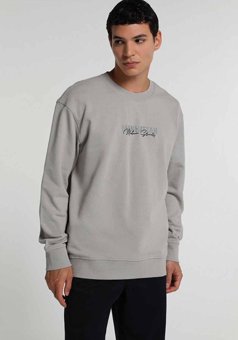 Relaxed Fit Yuvarlak Yaka Düz Erkek Gri Sweatshirt