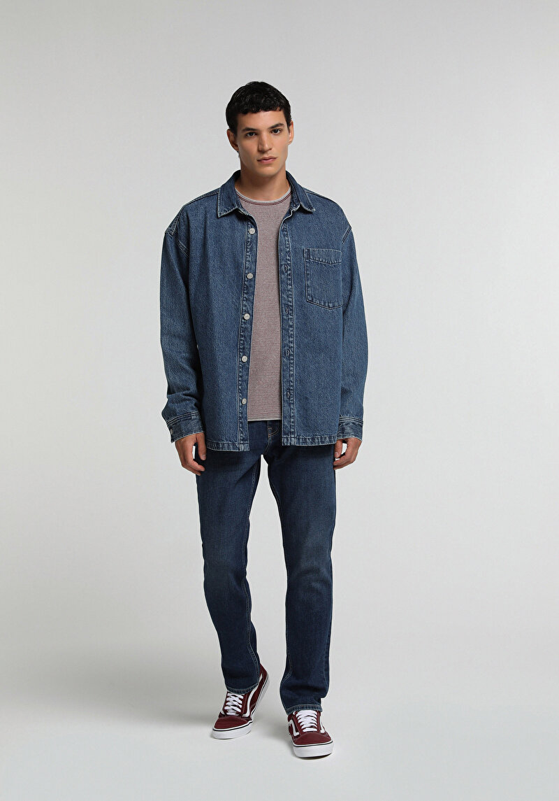 Slim Tapered Fit Orta Bel Daralan Paça Erkek Dark İndigo Denim Jean Pantolon