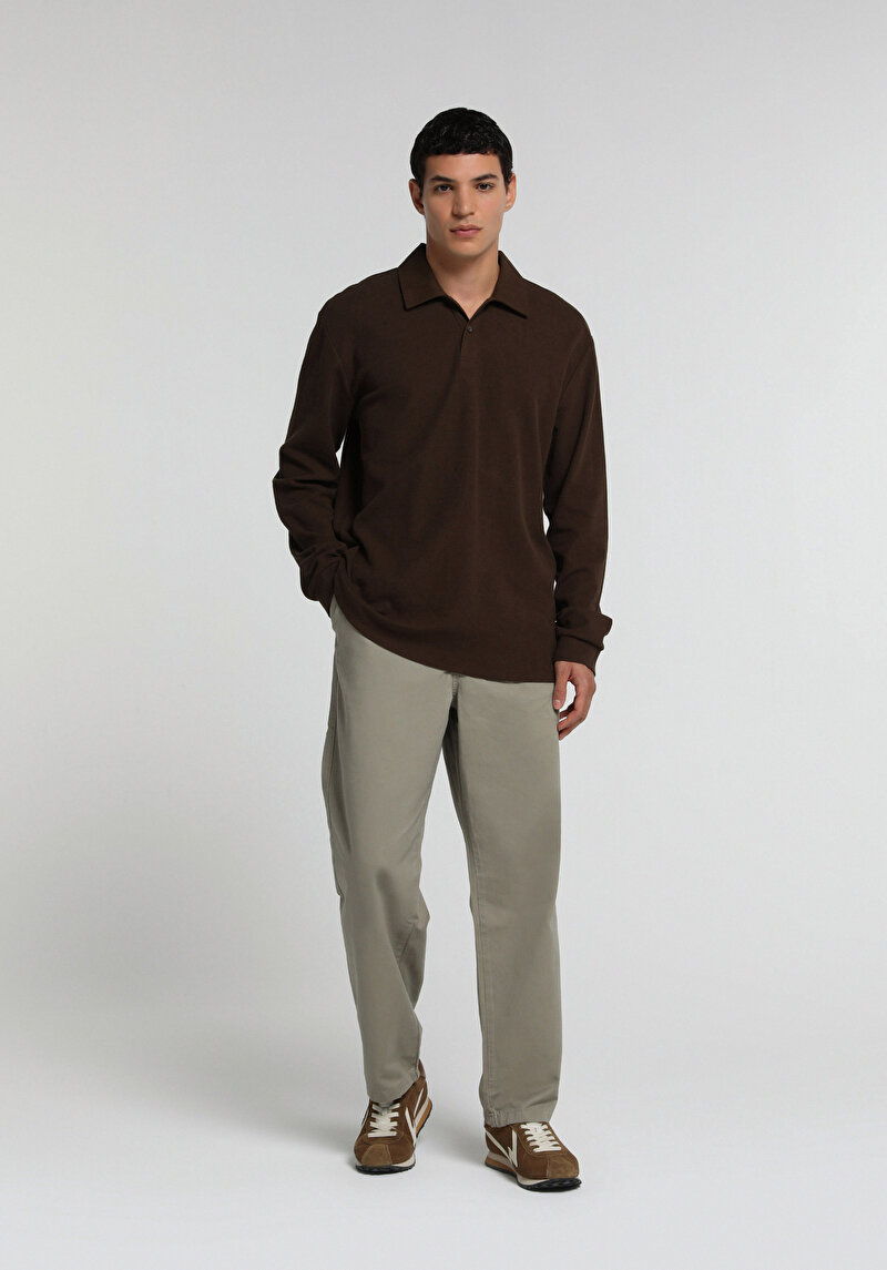 Relaxed Fit Orta Bel Düz Paça Erkek Bej Pantolon