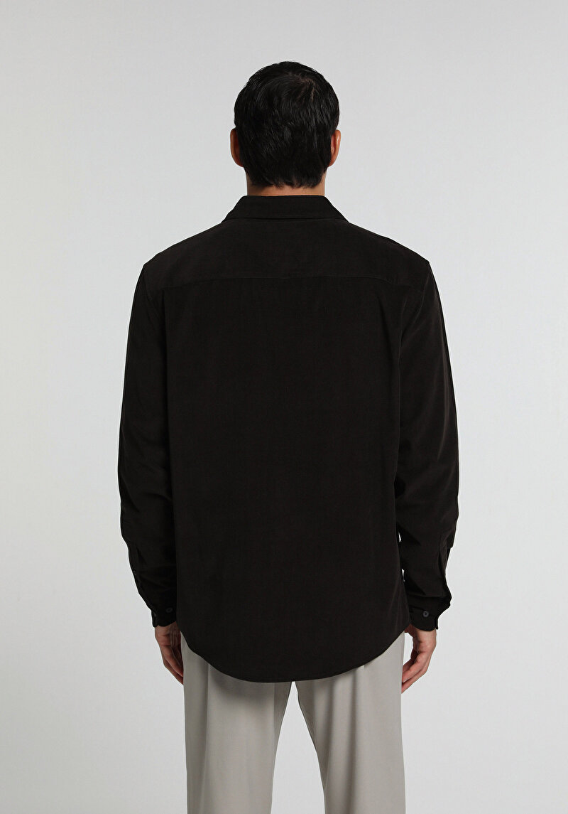 Regular Fit Shirt Neck Düz Erkek Kahverengi Uzun Kol Gömlek