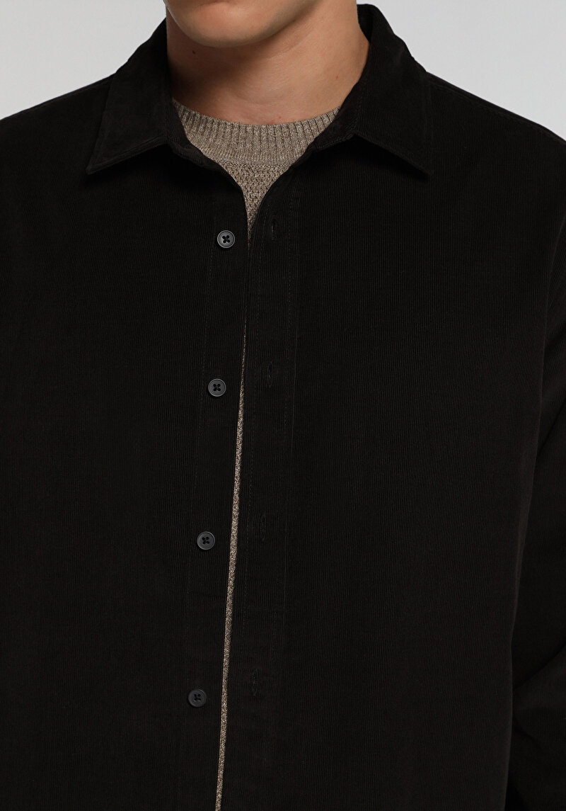 Regular Fit Shirt Neck Düz Erkek Kahverengi Uzun Kol Gömlek