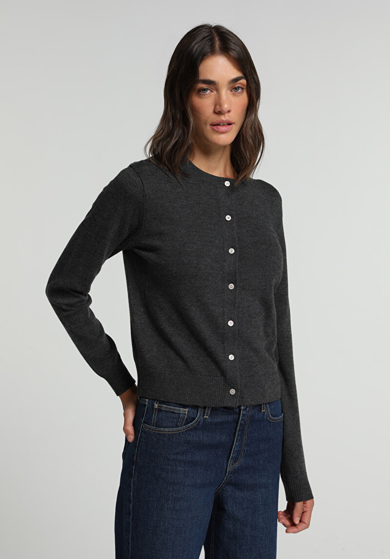 Slim Fit Yuvarlak Yaka Düz Kadın Antrasit Hırka