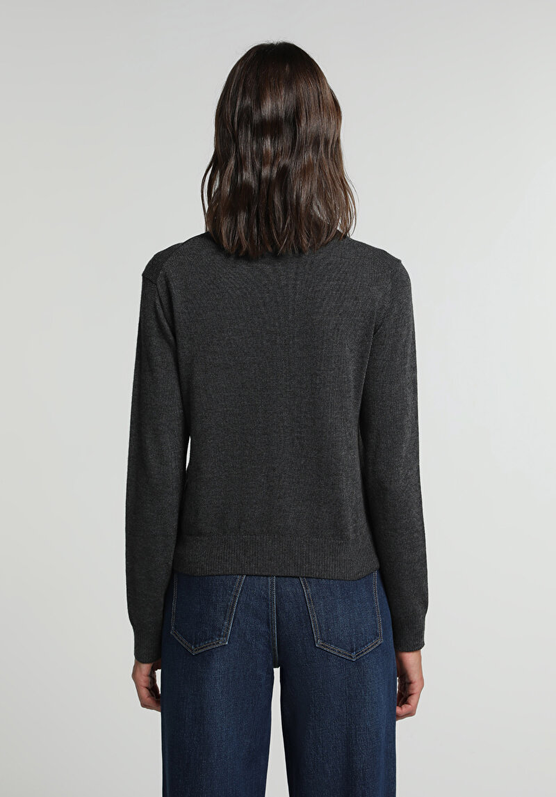 Slim Fit Yuvarlak Yaka Düz Kadın Antrasit Hırka