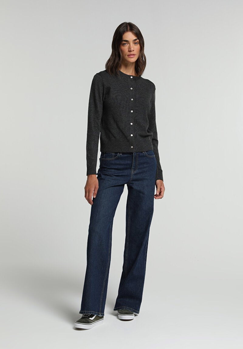 Slim Fit Yuvarlak Yaka Düz Kadın Antrasit Hırka