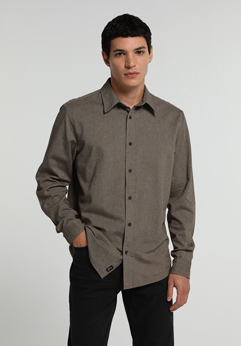 Regular Fit Shirt Neck Düz Erkek Kahverengi Uzun Kol Gömlek