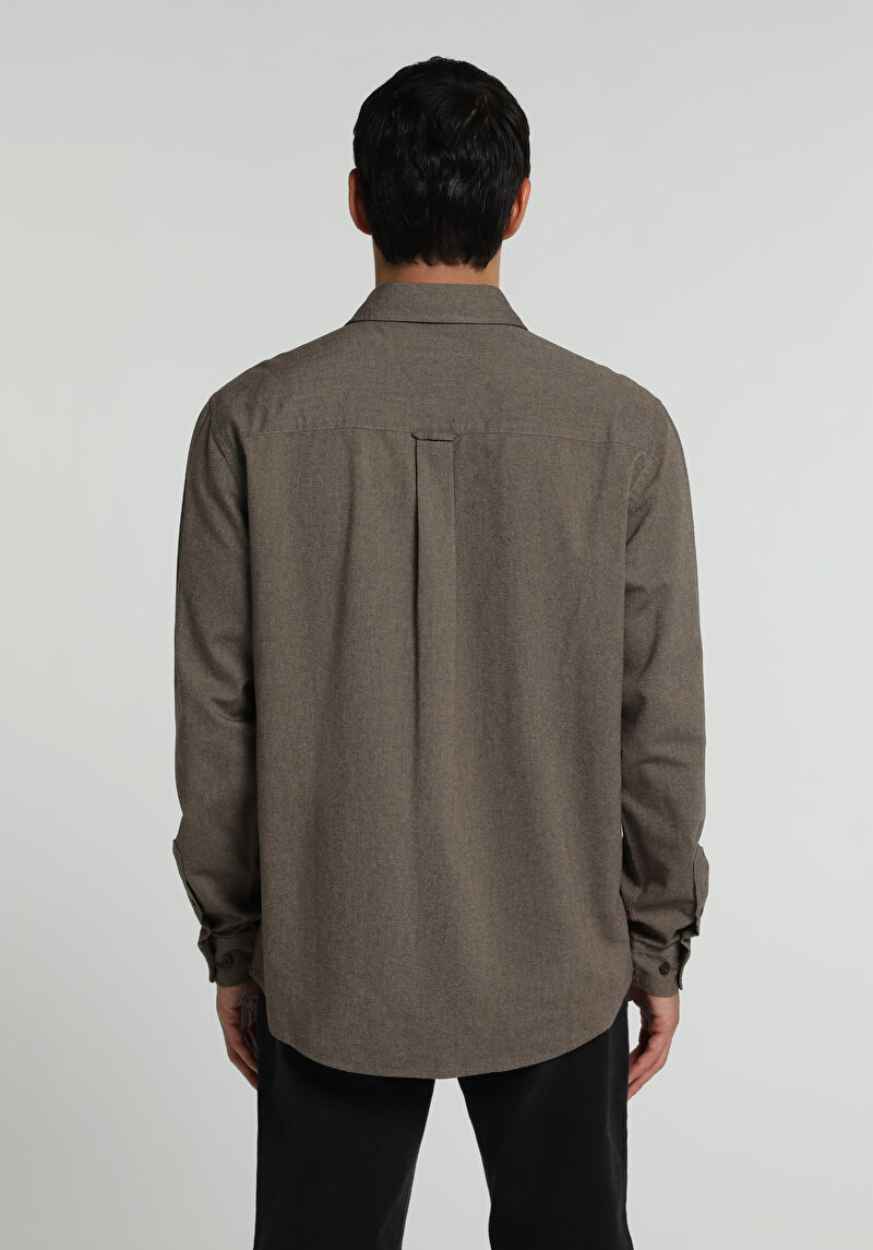 Regular Fit Shirt Neck Düz Erkek Kahverengi Uzun Kol Gömlek