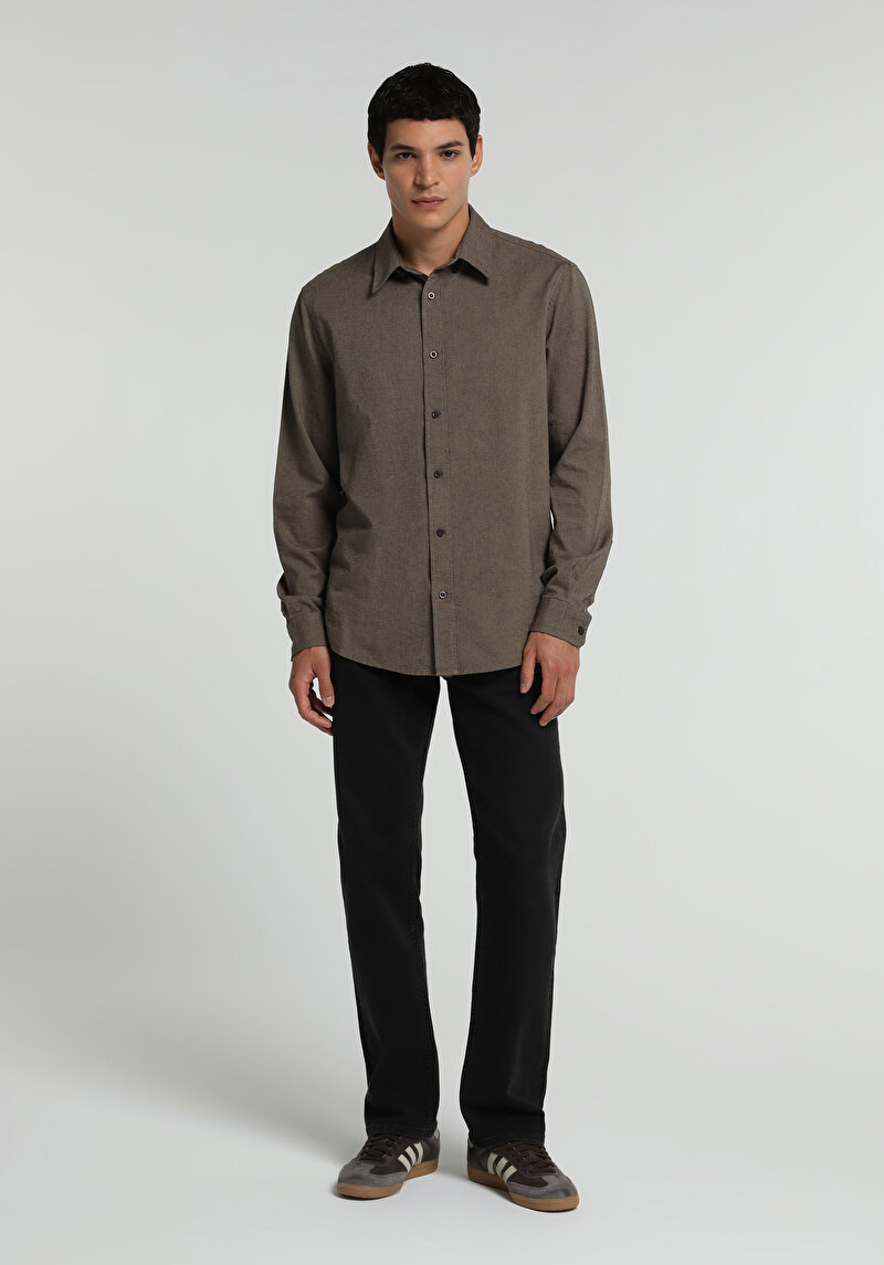 Regular Fit Shirt Neck Düz Erkek Kahverengi Uzun Kol Gömlek