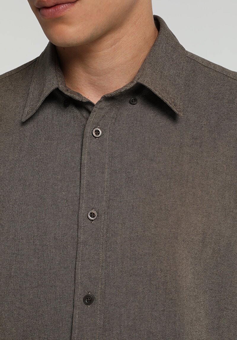 Regular Fit Shirt Neck Düz Erkek Kahverengi Uzun Kol Gömlek