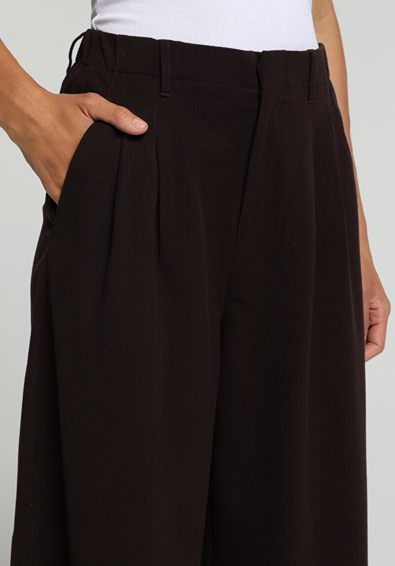 Regular Fit Yüksel Bel Geniş Paça Kadın Kahverengi  Pantolon