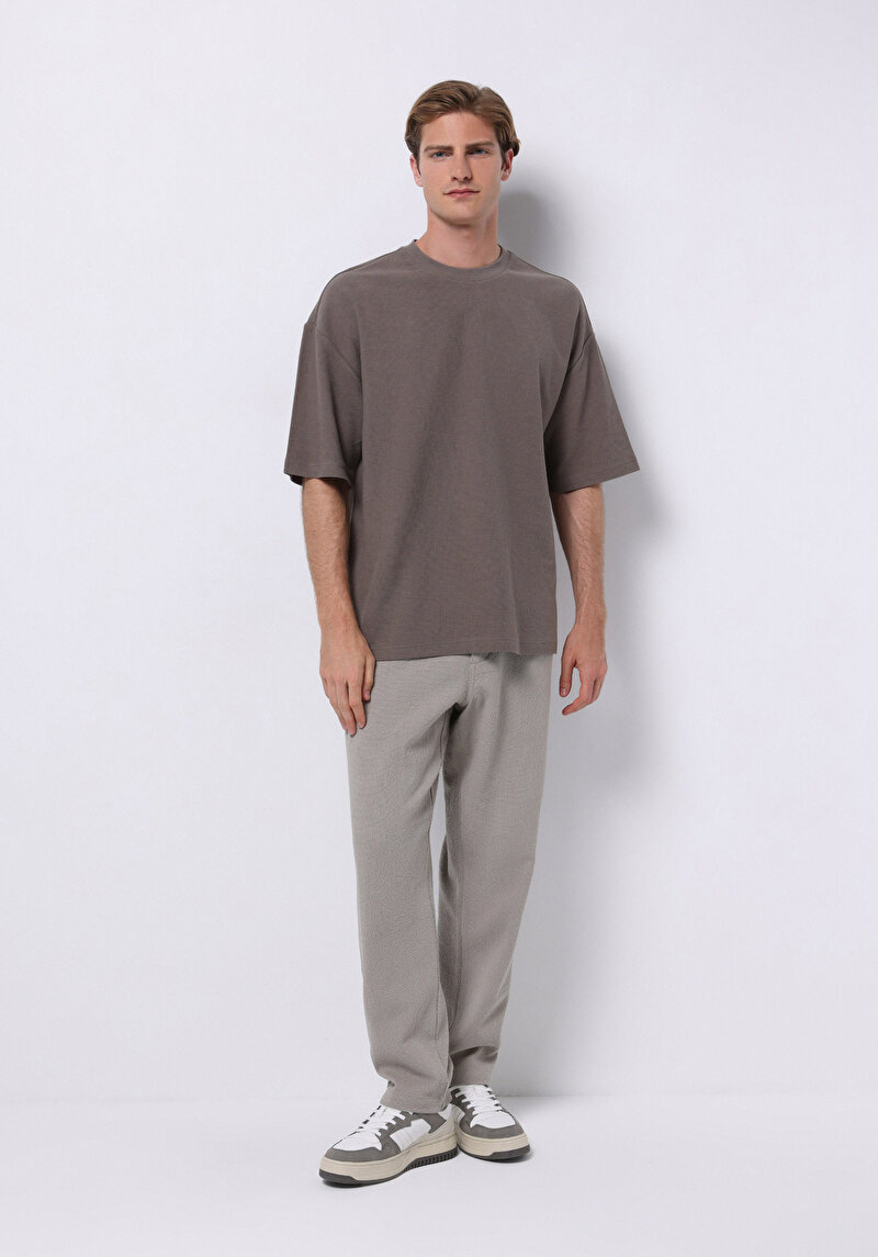 Oversize Fit Yuvarlak Yaka Düz Erkek Kahverengi Kısa Kol Tişört