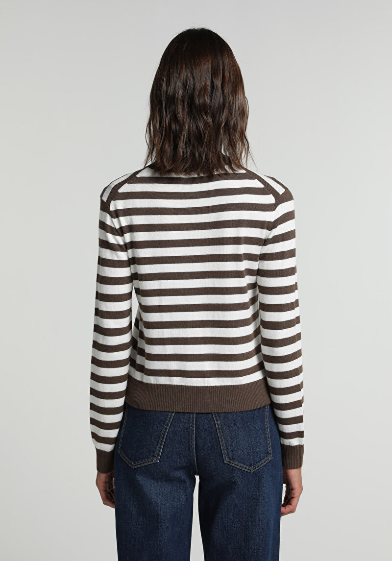 Slim Fit Yuvarlak Yaka Çizgili Kadın Kahverengi Hırka