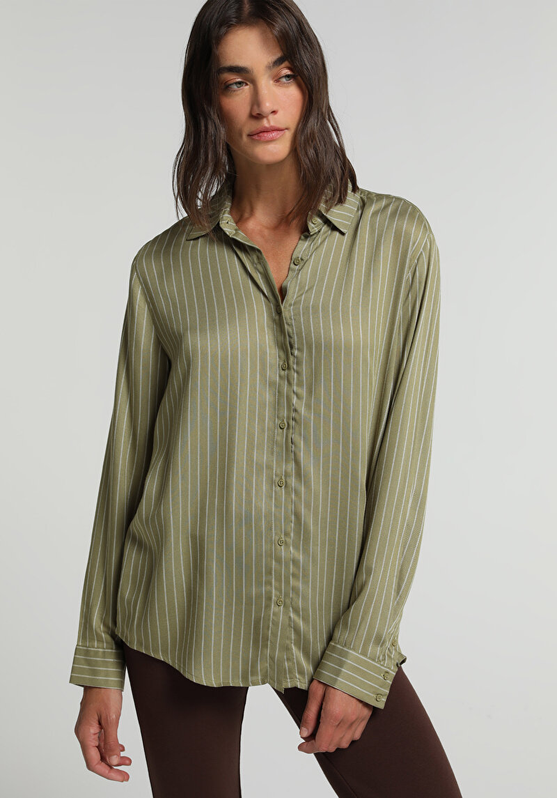Fashion Fit Shirt Neck Çizgili Kadın Uzun Kol Gömlek