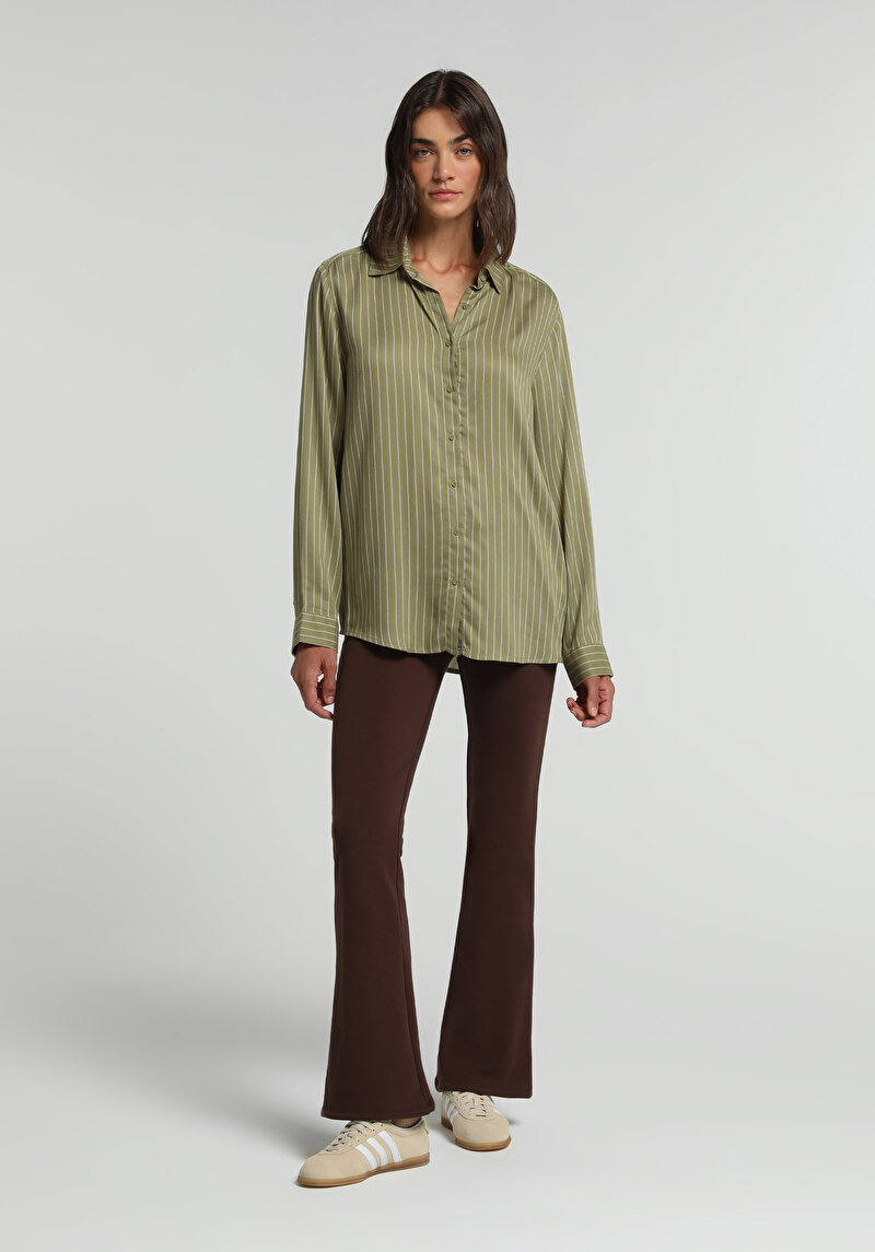 Fashion Fit Shirt Neck Çizgili Kadın  Uzun Kol Gömlek