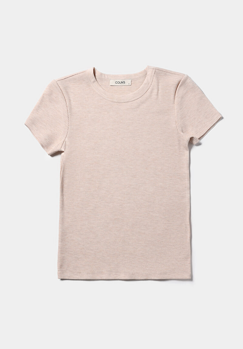 Slim Fit Yuvarlak Yaka Düz Kadın Bej Kısa Kol Tişört