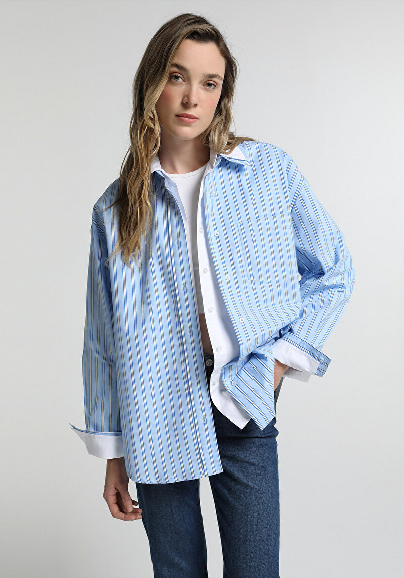 Oversize Shirt Neck Çizgili Kadın Mavi Uzun Kol Gömlek