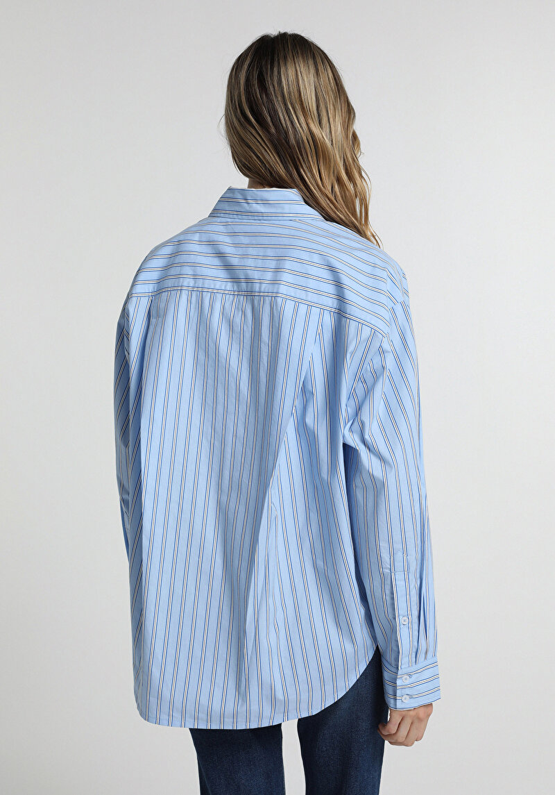 Oversize Shirt Neck Çizgili Kadın Mavi Uzun Kol Gömlek