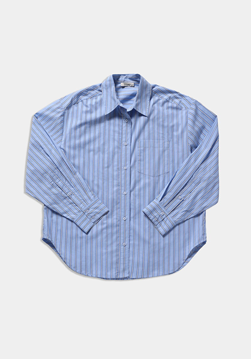 Oversize Shirt Neck Çizgili Kadın Mavi Uzun Kol Gömlek