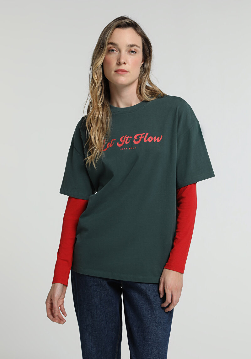 Oversize Fit Yuvarlak Yaka Baskılı Kadın Yeşil Kısa Kol Tişört
