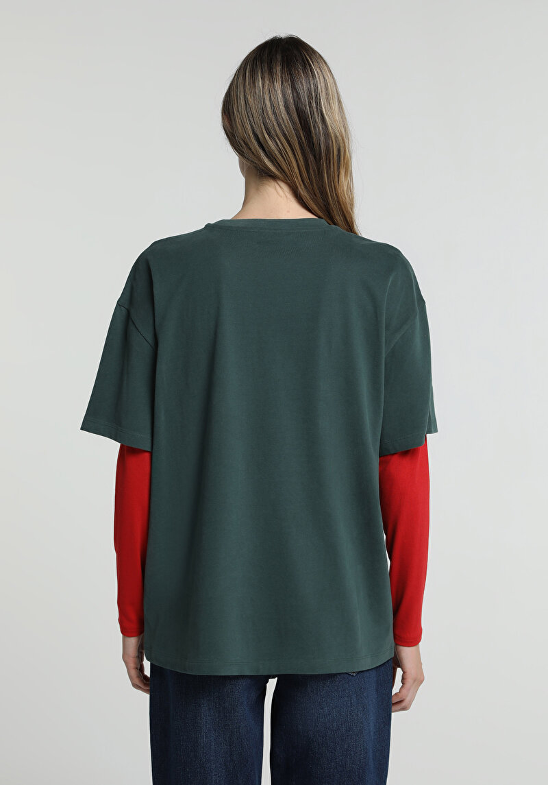 Oversize Fit Yuvarlak Yaka Baskılı Kadın Yeşil Kısa Kol Tişört