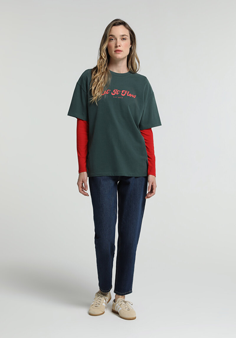 Oversize Fit Yuvarlak Yaka Baskılı Kadın Yeşil Kısa Kol Tişört