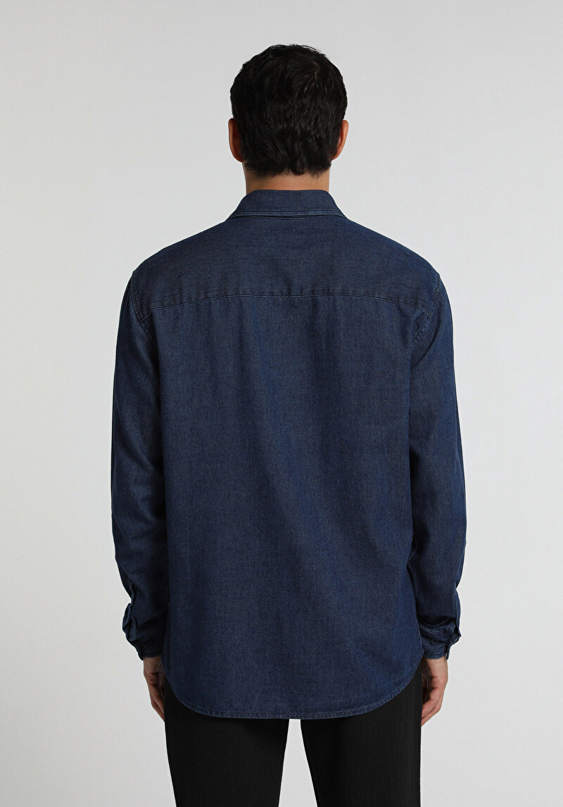 Regular Fit Shirt Neck Düz Erkek Mavi Uzun Kol Gömlek