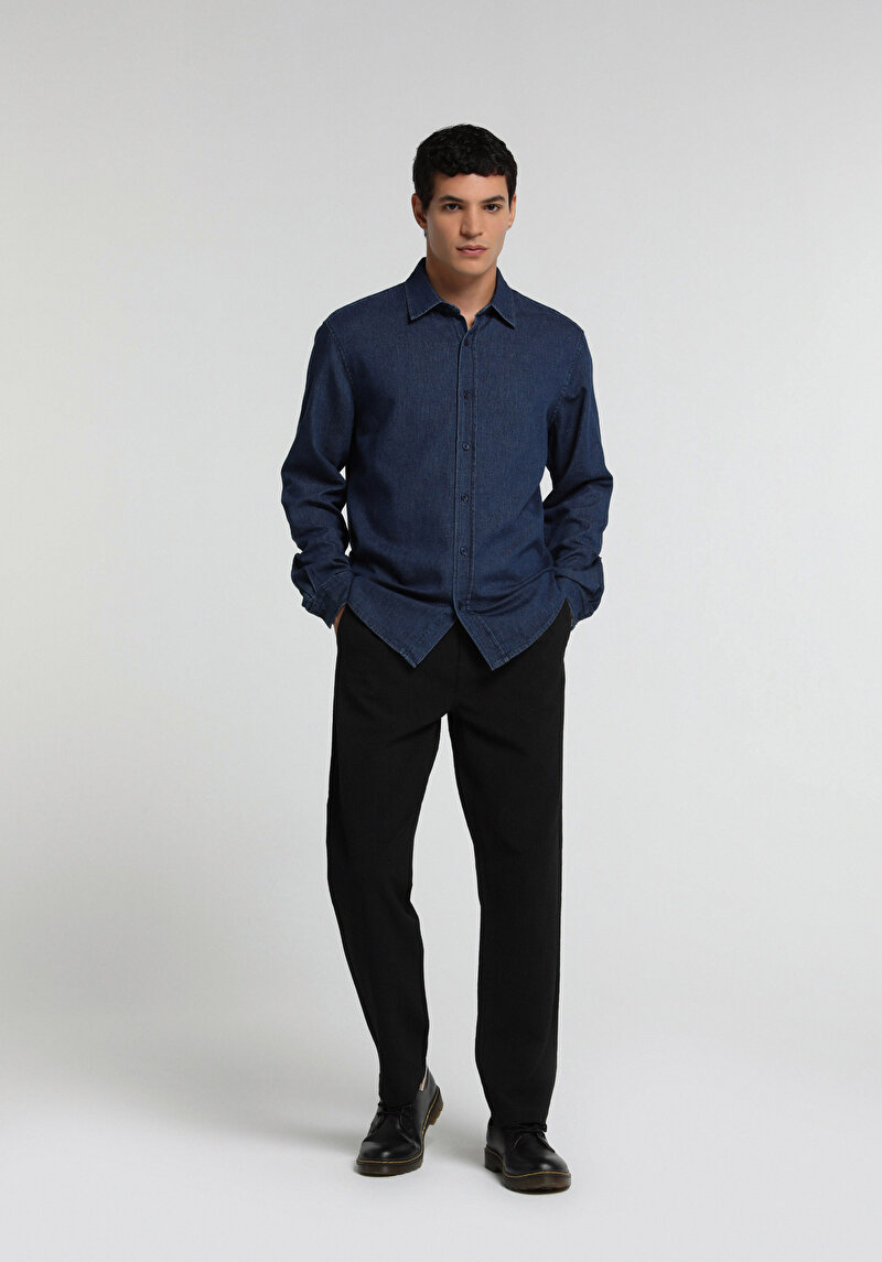 Regular Fit Shirt Neck Düz Erkek Mavi Uzun Kol Gömlek