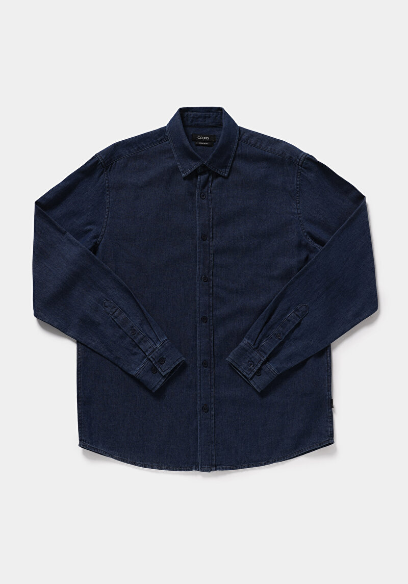 Regular Fit Shirt Neck Düz Erkek Mavi Uzun Kol Gömlek
