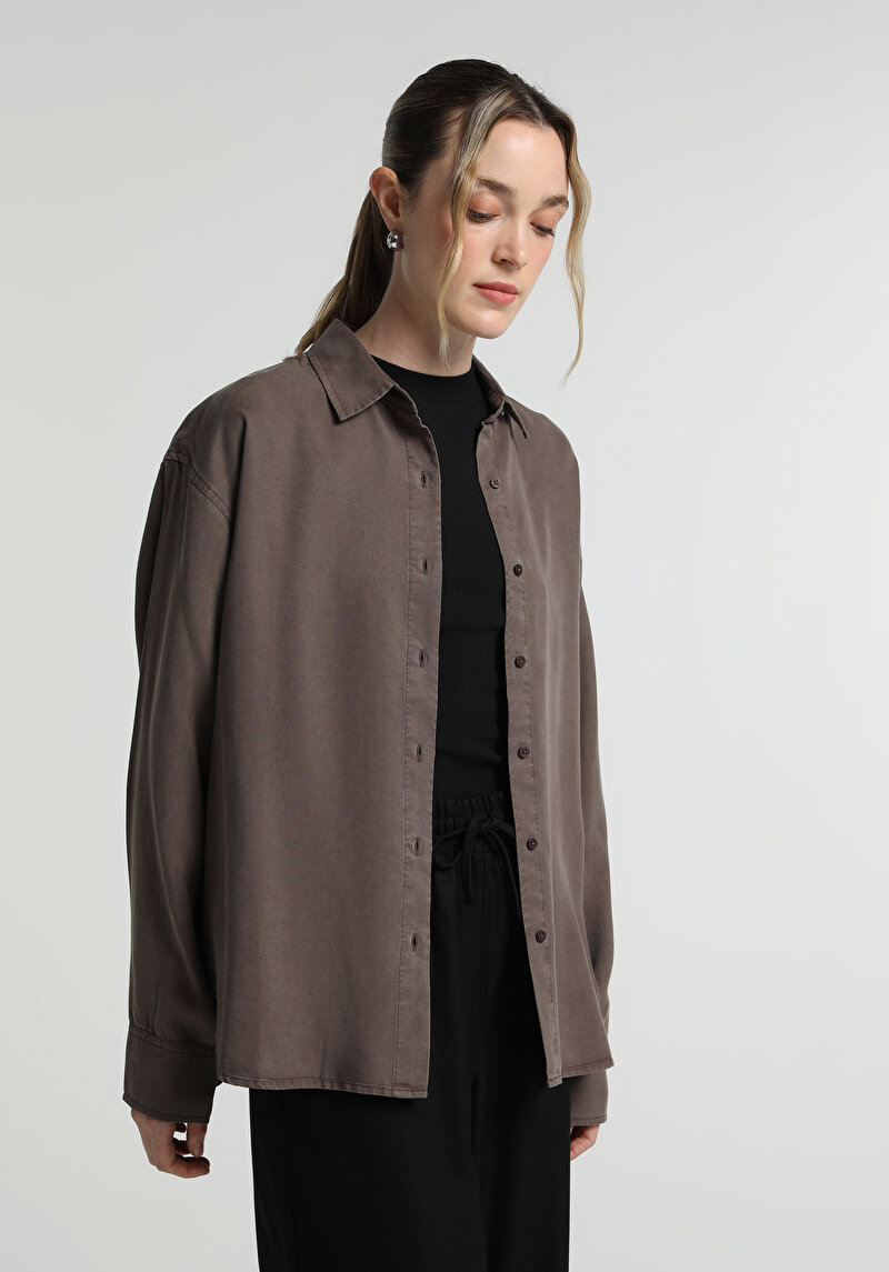 Boyfriend Fit Shirt Neck Düz Kadın Kahverengi Uzun Kol Gömlek