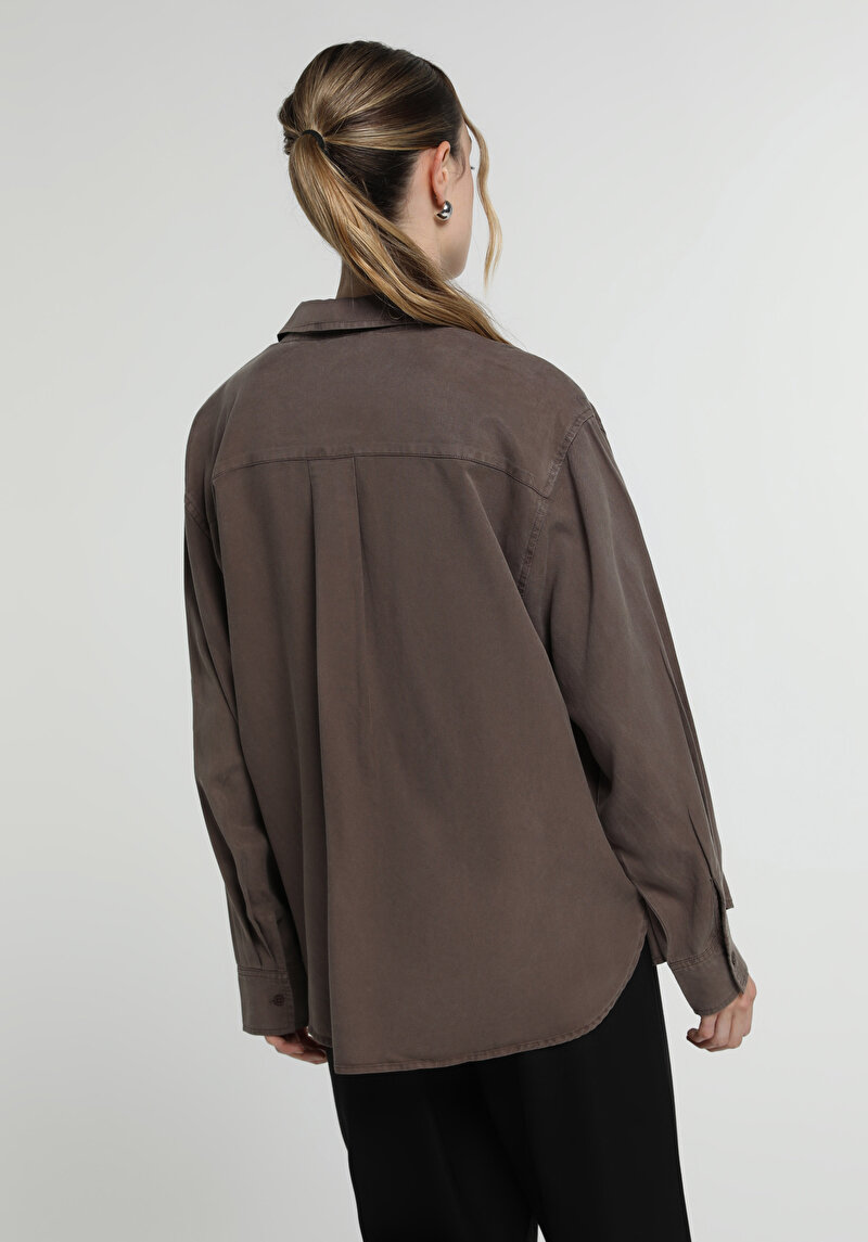 Boyfriend Fit Shirt Neck Düz Kadın Kahverengi Uzun Kol Gömlek