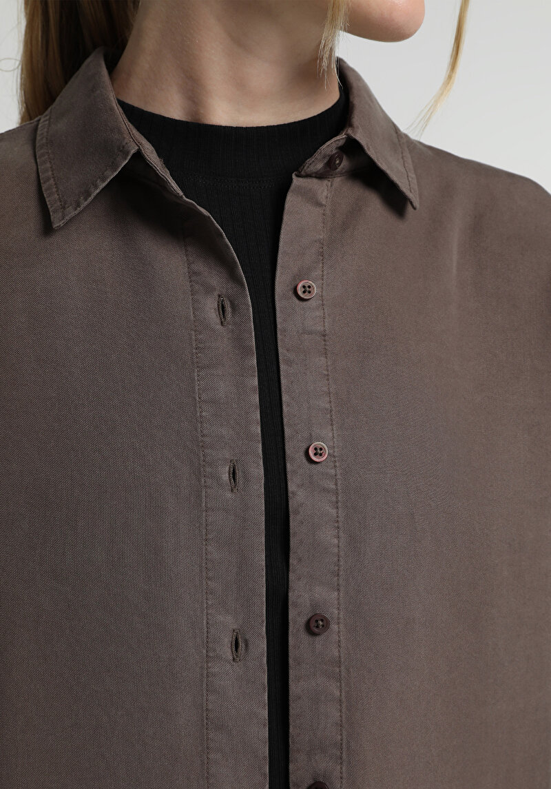 Boyfriend Fit Shirt Neck Düz Kadın Kahverengi Uzun Kol Gömlek