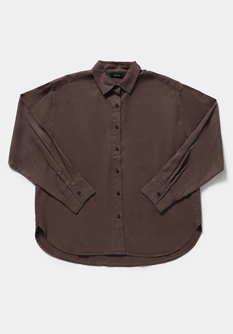 Boyfriend Fit Shirt Neck Düz Kadın Kahverengi Uzun Kol Gömlek