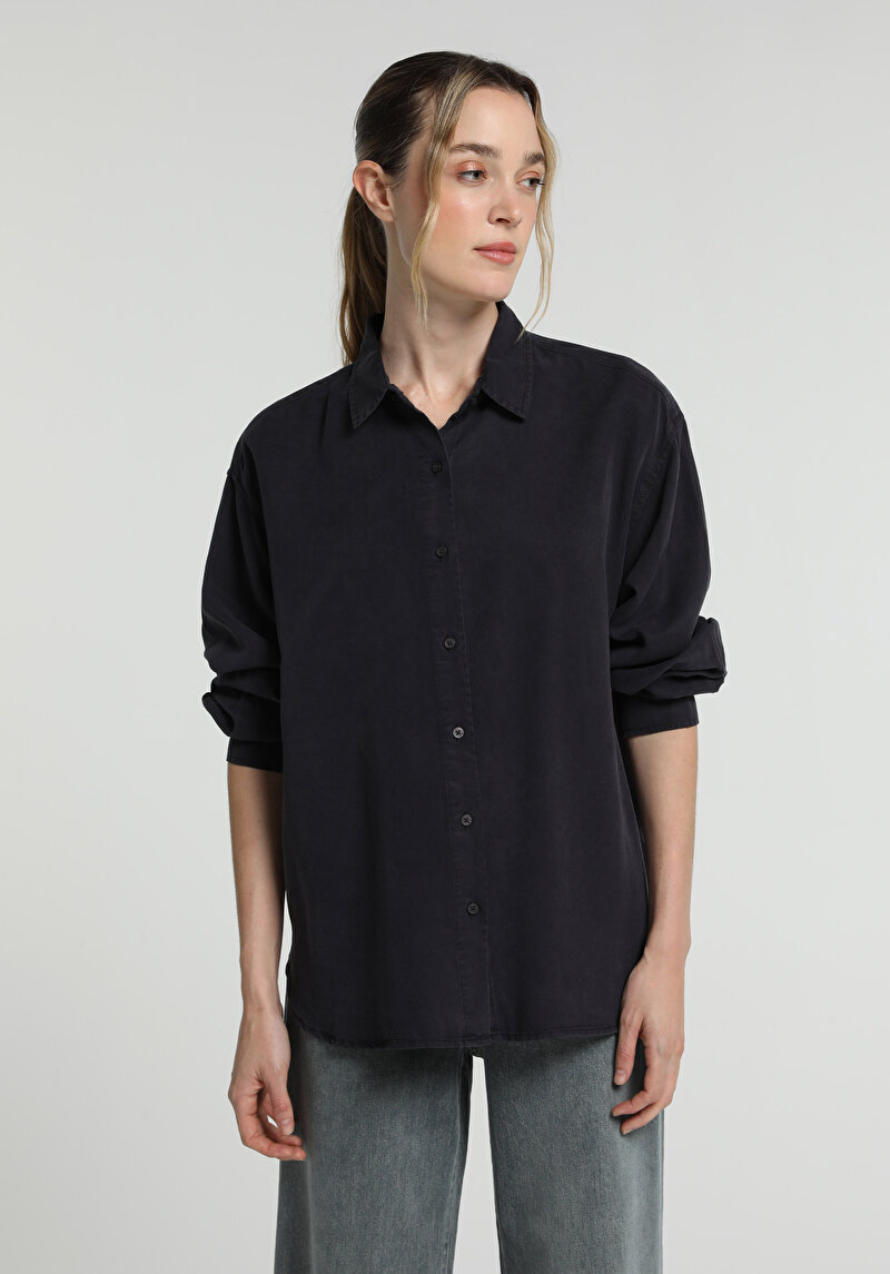 Boyfriend Fit Shirt Neck Düz Kadın Lacivert Uzun Kol Gömlek