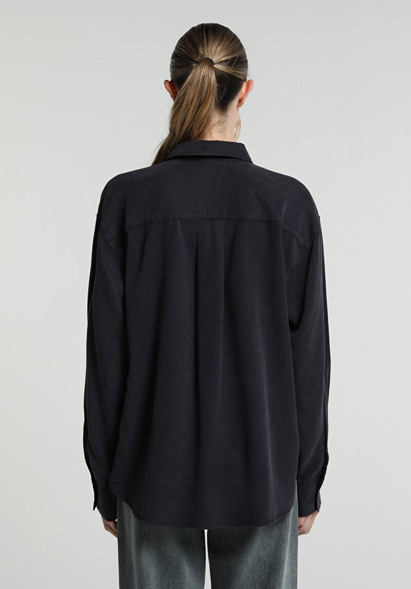 Boyfriend Fit Shirt Neck Düz Kadın Lacivert Uzun Kol Gömlek