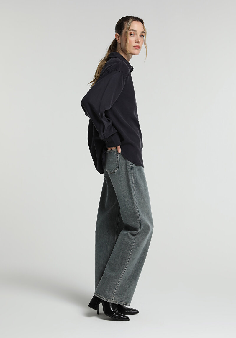 Boyfriend Fit Shirt Neck Düz Kadın Lacivert Uzun Kol Gömlek