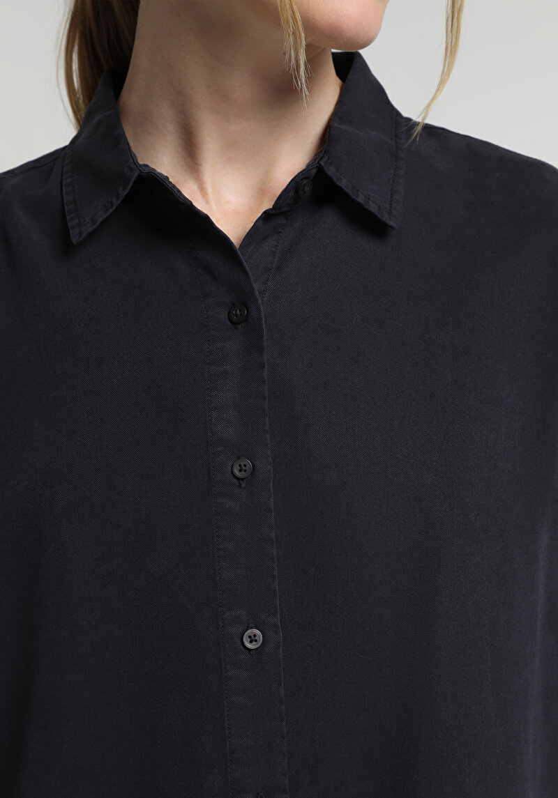 Boyfriend Fit Shirt Neck Düz Kadın Lacivert Uzun Kol Gömlek