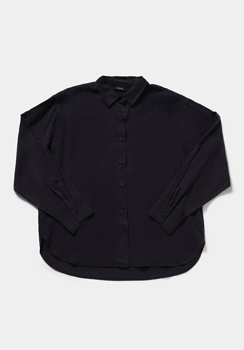 Boyfriend Fit Shirt Neck Düz Kadın Lacivert Uzun Kol Gömlek