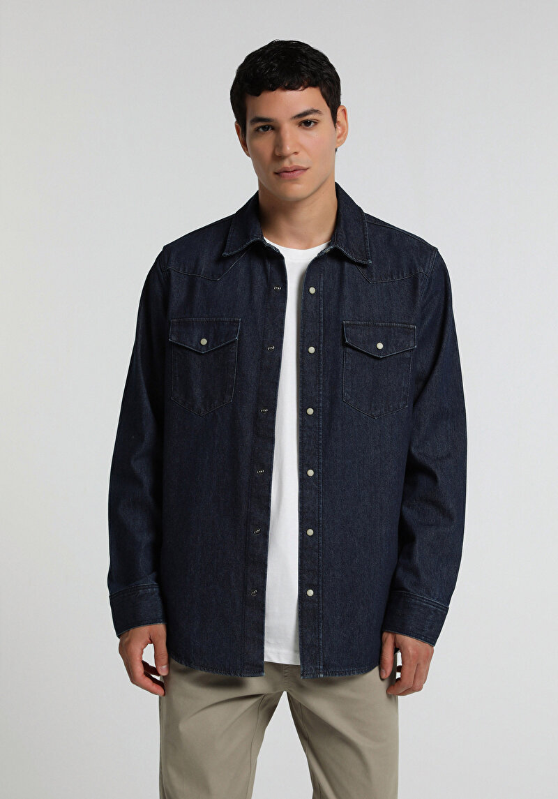 Regular Fit Klasik Yaka Düz Erkek Dark İndigo Denim Uzun Kol Gömlek