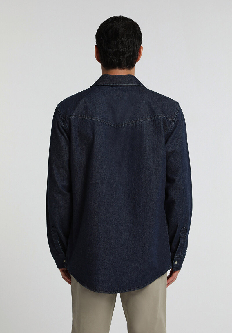 Regular Fit Klasik Yaka Düz Erkek Dark İndigo Denim Uzun Kol Gömlek