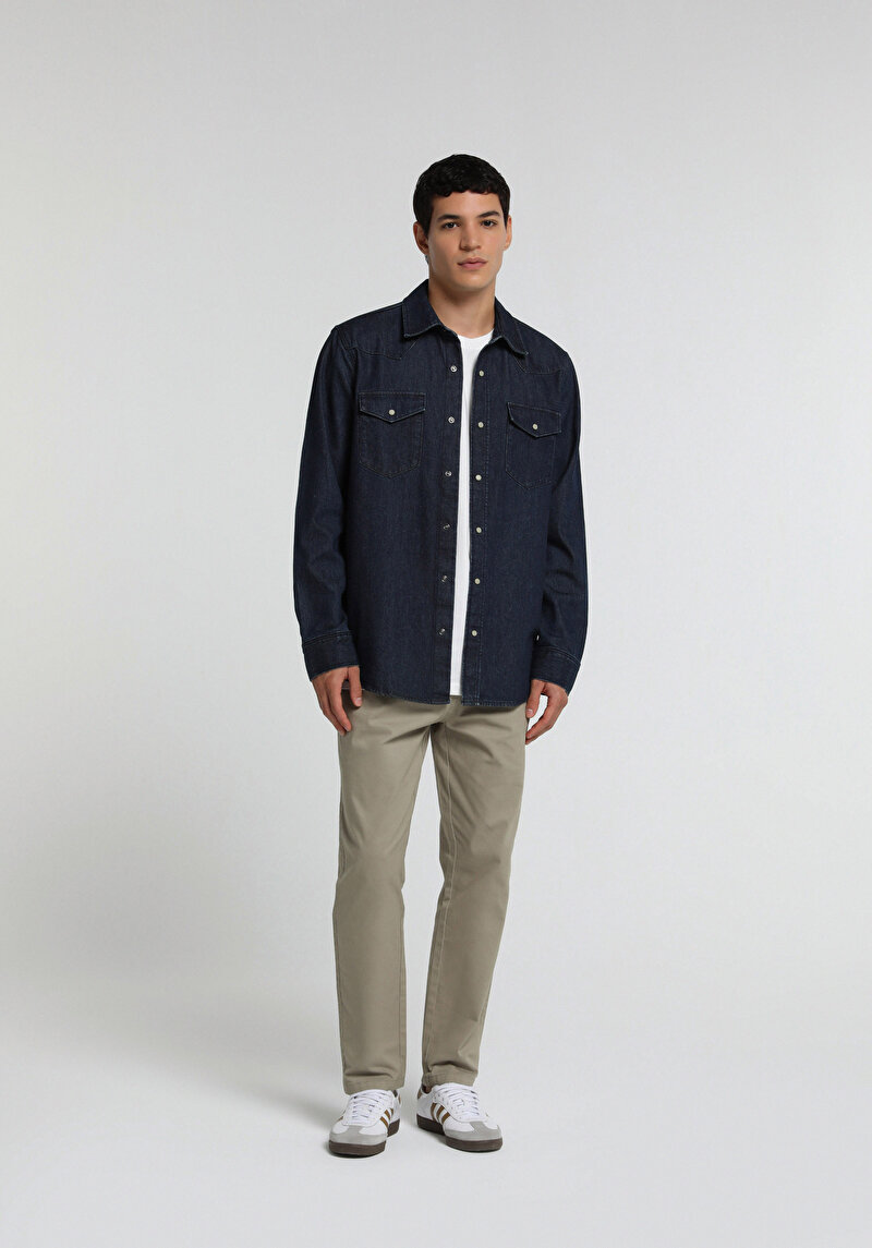 Regular Fit Klasik Yaka Düz Erkek Dark İndigo Denim Uzun Kol Gömlek