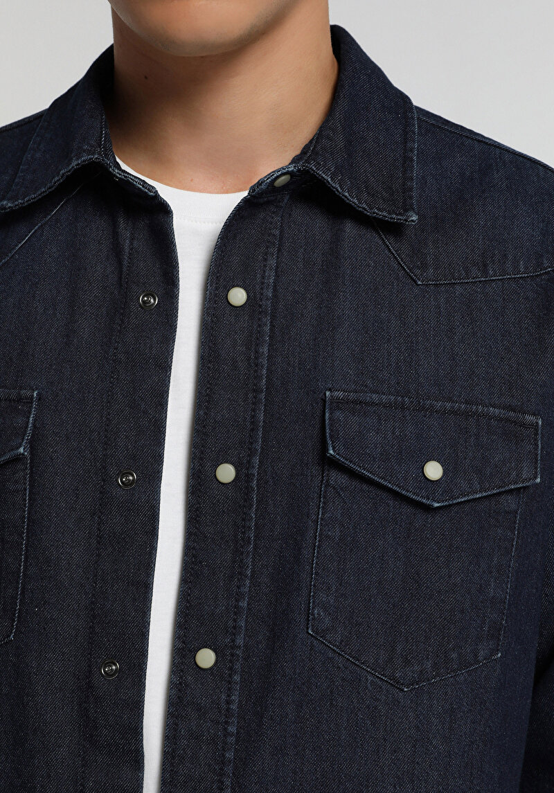 Regular Fit Klasik Yaka Düz Erkek Dark İndigo Denim Uzun Kol Gömlek