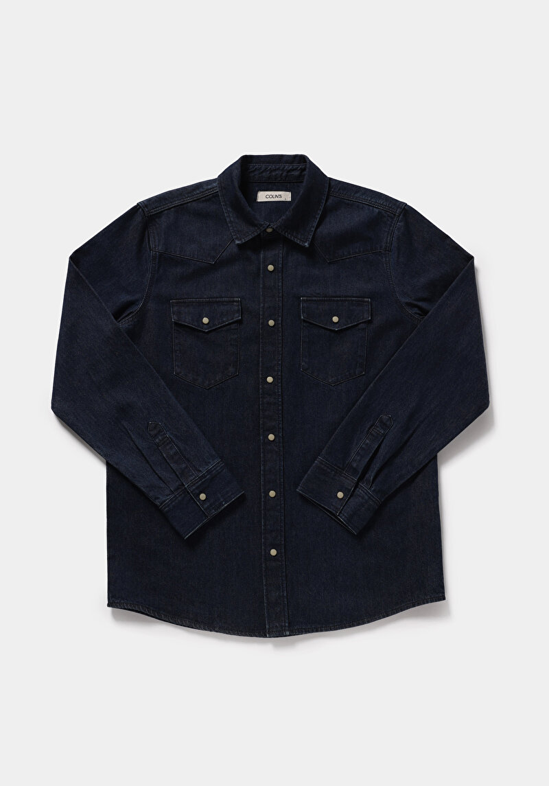 Regular Fit Klasik Yaka Düz Erkek Dark İndigo Denim Uzun Kol Gömlek