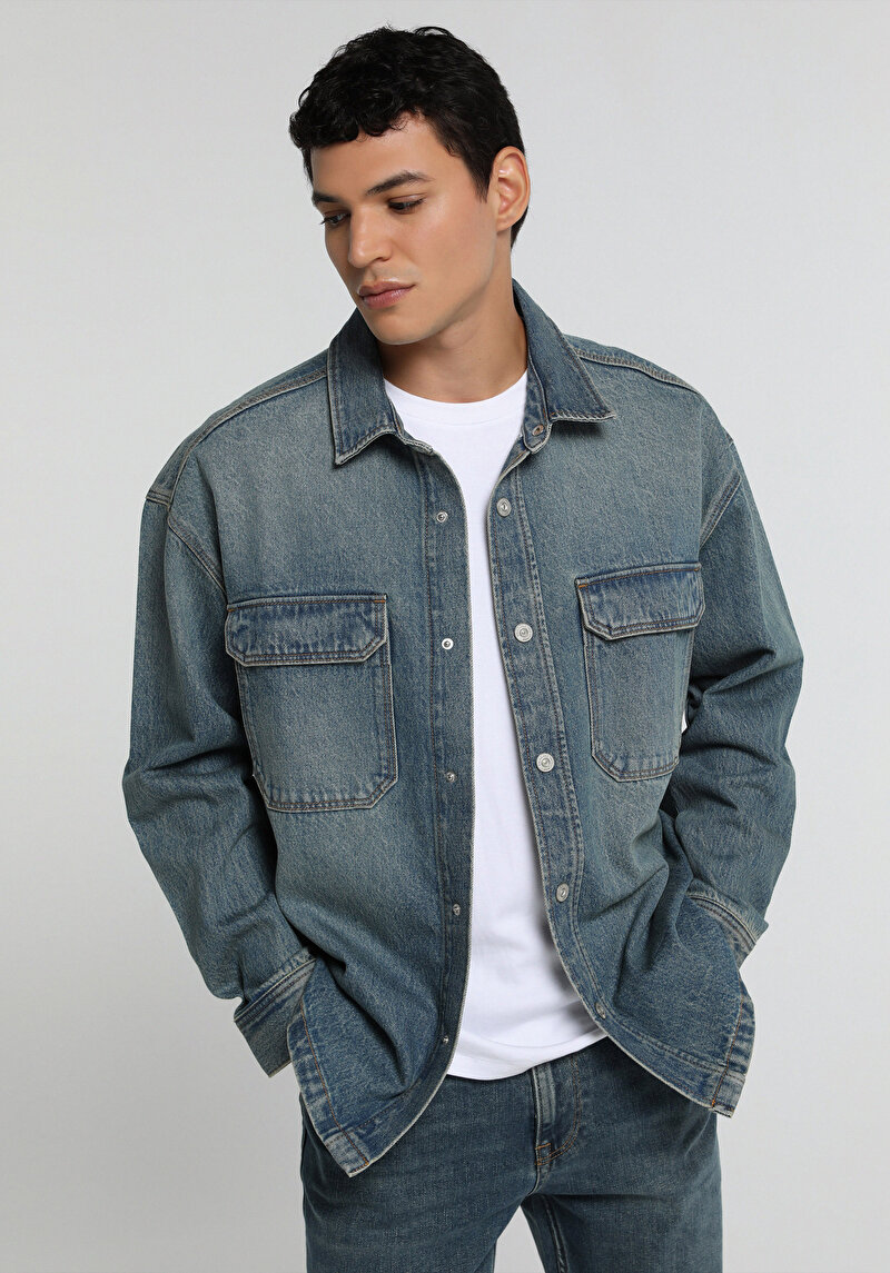 Oversize Fit   Erkek Mid İndigo Denim Shacket