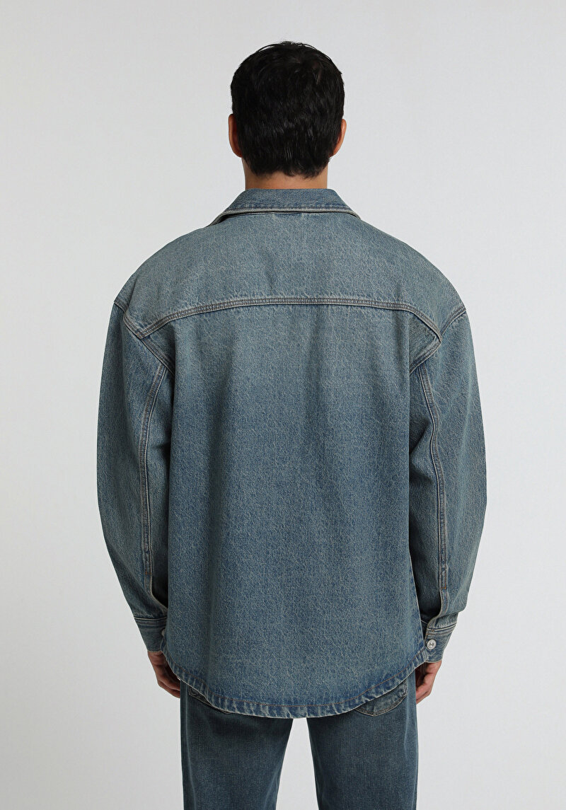Oversize Fit   Erkek Mid İndigo Denim Shacket
